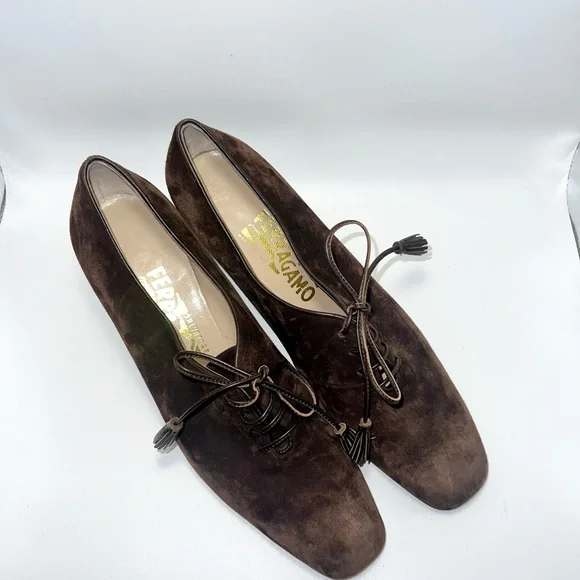 Salvatore Ferragamo Brown Nero Suede Size 7.5 Oxford Heels - Picture 2 of 8